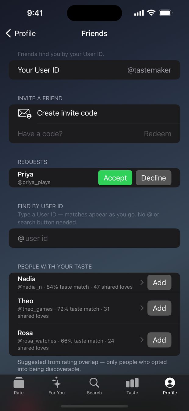 Findr's Friends screen listing people with your taste, each with a taste match percentage and a count of shared loves