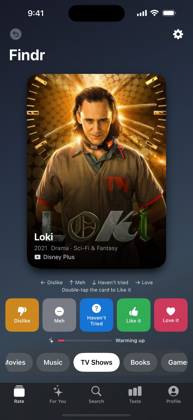Findr's rating deck on the TV Shows category: the Loki poster with where to watch it, above five tiers — Dislike, Meh, Haven't Tried, Like it, Love it